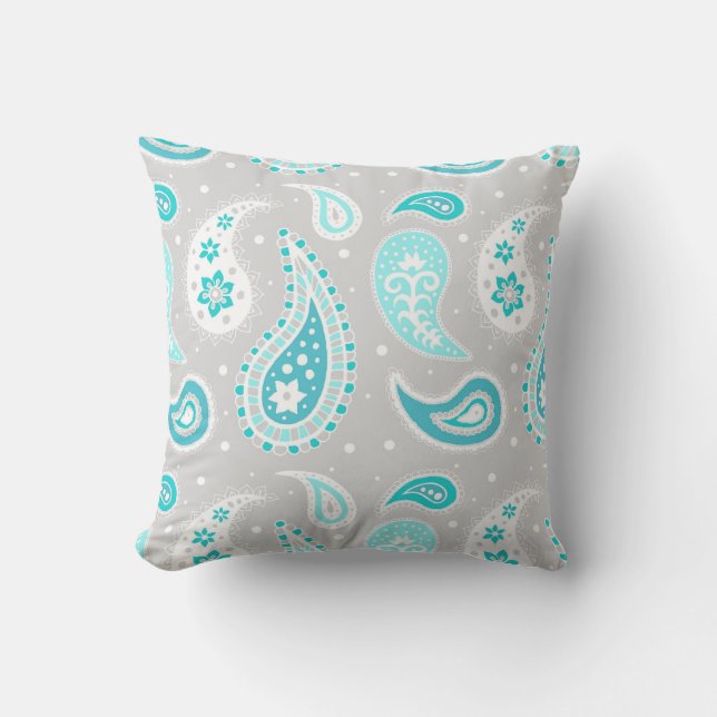 Teal Grey Paisley Pattern Decorative Pillow (Front)