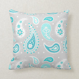 Teal Grey Paisley Pattern Decorative Pillow