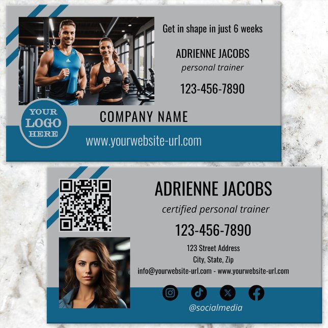 Teal Grey Personal Fitness Trainer Photo Business Card (Business card featuring your photo and logo on a teal grey design with QR code and social media)