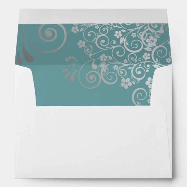 Teal & Grey Simple Elegant Filigree Wedding Envelope (Back (Bottom))
