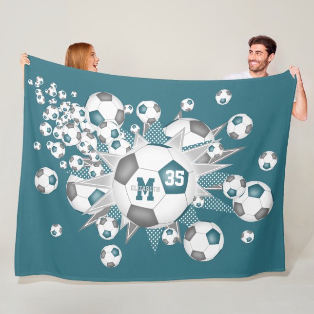 teal grey soccer balls stars girls sports decor fleece blanket (In Situ)