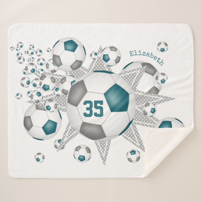 teal grey sports decor soccer ball blowout sherpa blanket (Front (Horizontal))