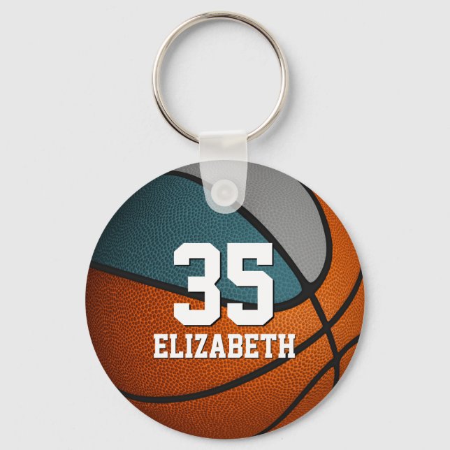 teal grey sports girl boy basketball team colours key ring (Front)