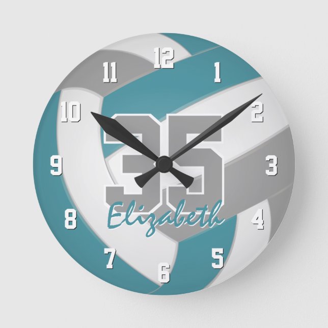teal grey sporty personalised volleyball round clock (Front)