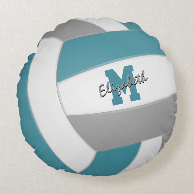 teal grey team colours kids volleyball room round cushion (Front)
