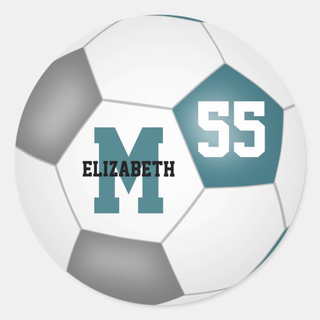 teal grey team colours soccer ball personalised classic round sticker (Front)