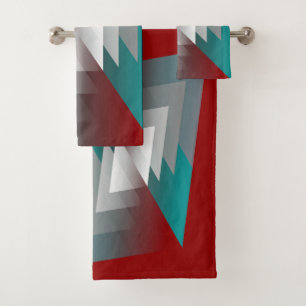 Teal grey triangles on burgundy bath towel set