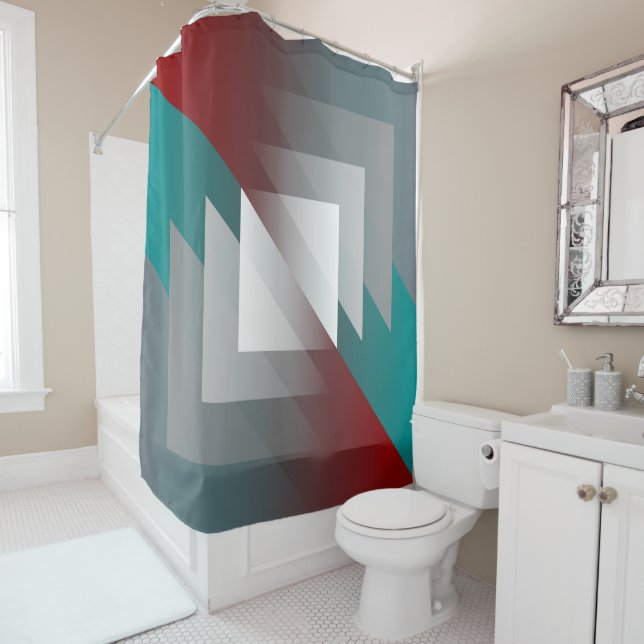Teal grey triangles on burgundy shower curtain (In Situ)
