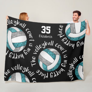 teal grey volleyball court happy place typography fleece blanket