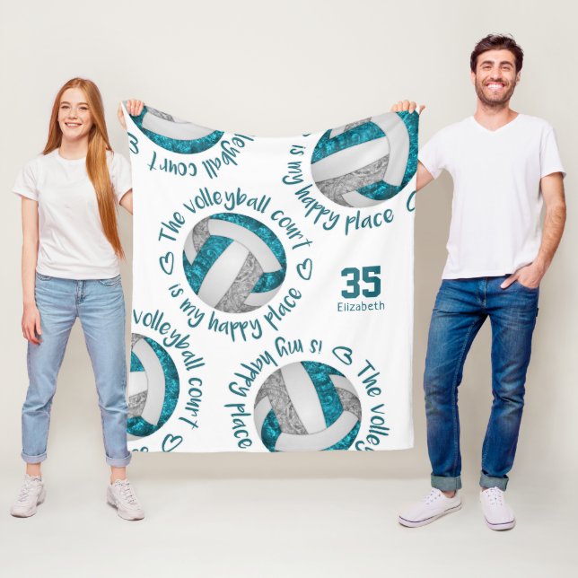 teal grey volleyball court happy place typography fleece blanket (In Situ)