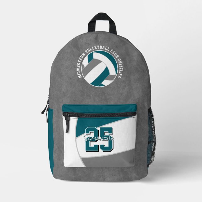 teal grey volleyball team colours team name printed backpack (Front)