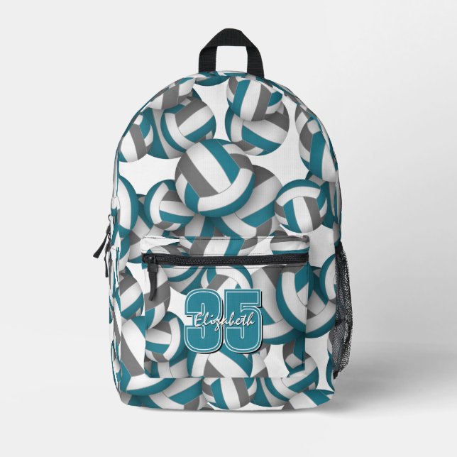 Teal grey volleyball team colours w jersey number printed backpack (Front)