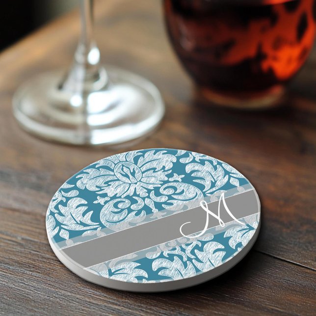 Teal Grey White Chalkboard Damask Pattern Coaster (Sandstone Coaster)