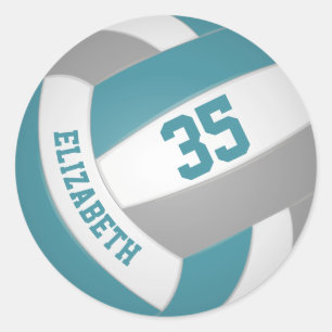 teal grey white custom girls boys name volleyball classic round sticker