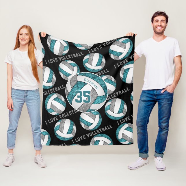 teal grey white girls love volleyball personalised fleece blanket (In Situ)