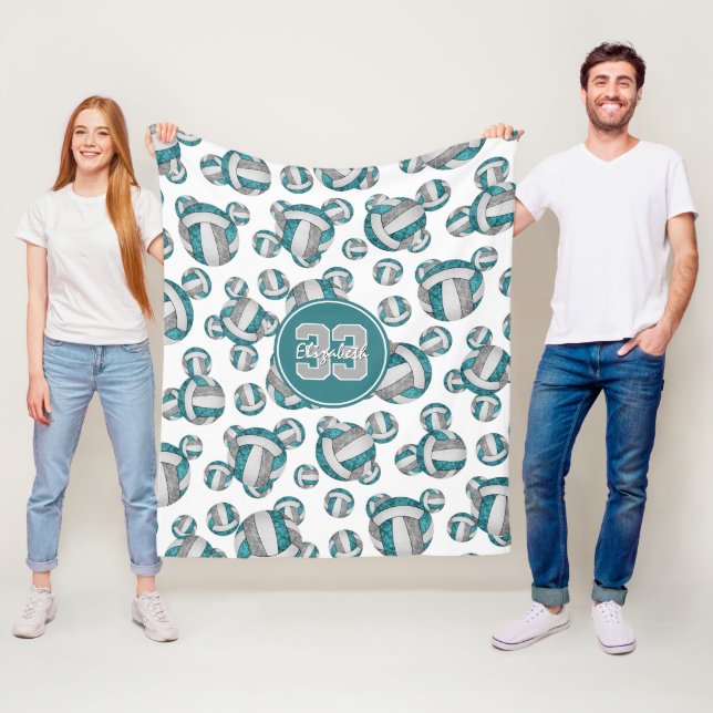 teal grey white girly volleyball pattern fleece blanket (In Situ)