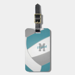 teal grey white monogrammed volleyball luggage tag