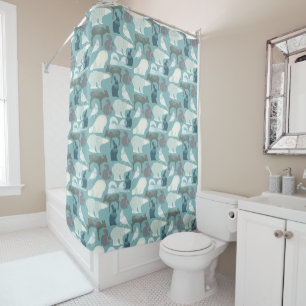 Teal Grey Winter Wildlife Pattern Shower Curtain