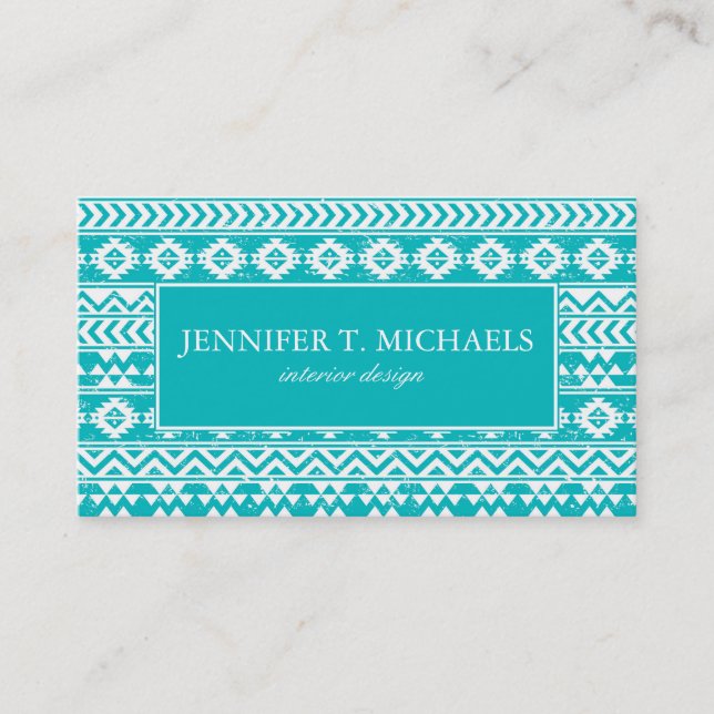 Teal Grunge Aztec Tribal Pattern Business Card (Front)