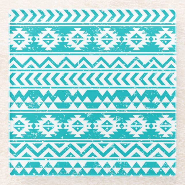 Teal Grunge Aztec Tribal Pattern Glass Coaster (Front)