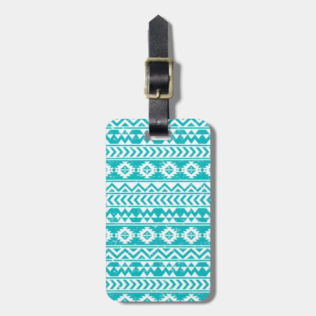 Teal Grunge Aztec Tribal Pattern Luggage Tag (Front Vertical)