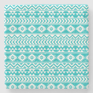 Teal Grunge Aztec Tribal Pattern Stone Coaster
