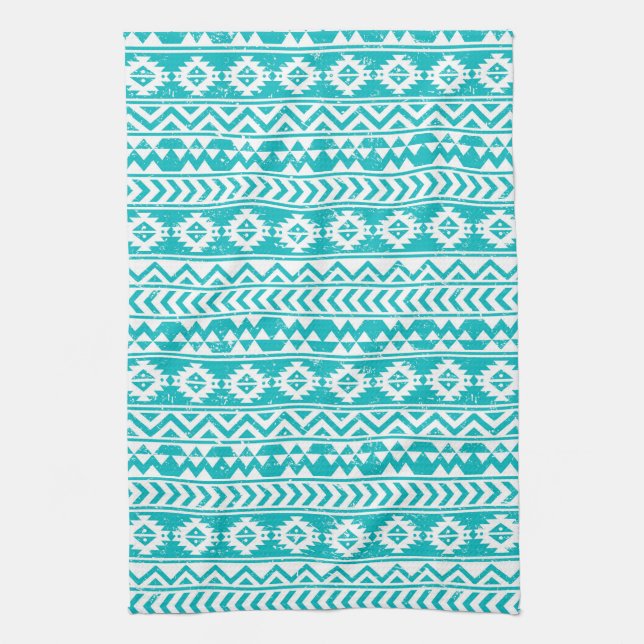 Teal Grunge Aztec Tribal Pattern Tea Towel (Vertical)