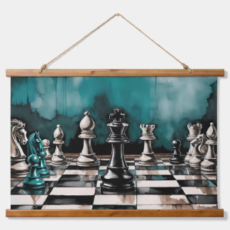 Teal Grunge Chess Board Watercolor Art Hanging Tapestry