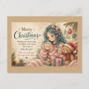Teal Haired Girl with Cocoa and Teddy Postcard