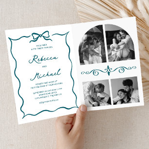 Teal Hand Drawn Bow QR Code Photo Wedding Invitation