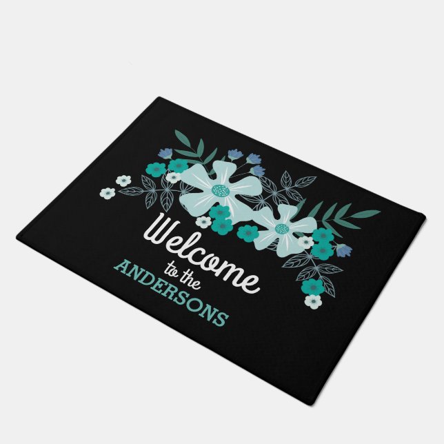 Teal Hand Drawn Flowers, Personalised Doormat (Angled)