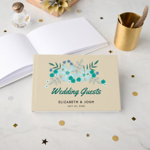 Teal Hand Drawn Flowers, Wedding Guest Book