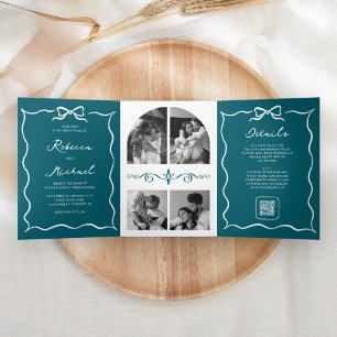 Teal Hand Drawn White Bow QR Code Photo Wedding Tri-Fold Invitation