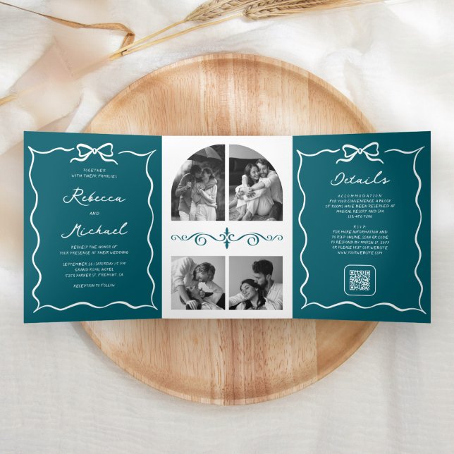 Teal Hand Drawn White Bow QR Code Photo Wedding Tri-Fold Invitation (Creator Uploaded)