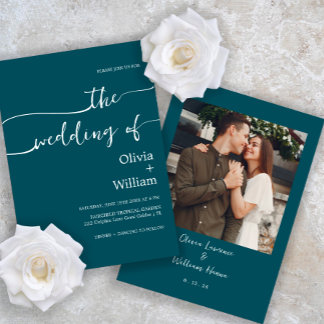 Teal Handwritten Script Photo Wedding Invitation
