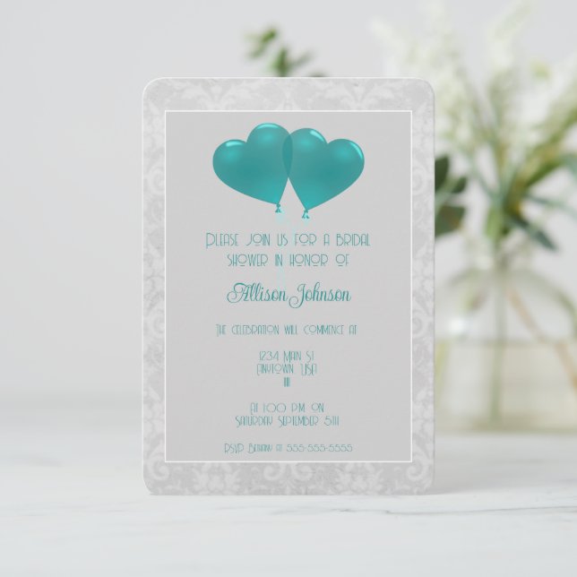 Teal Heart Balloons Bridal Shower Invitation (Standing Front)