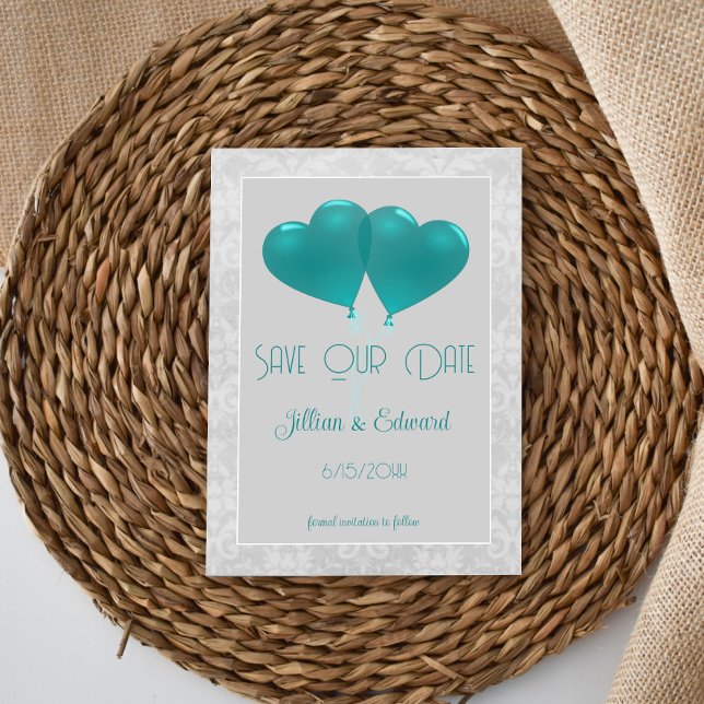Teal Heart Balloons Save The Date Announcement (Teal Heart Balloons Save the Date )