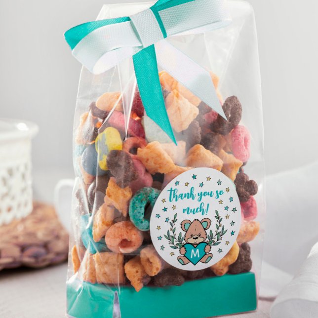 Teal Heart Bear Themed Baby Shower Thank You Classic Round Sticker (Creator Uploaded)