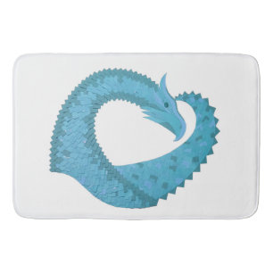 Teal heart dragon on white bath mat
