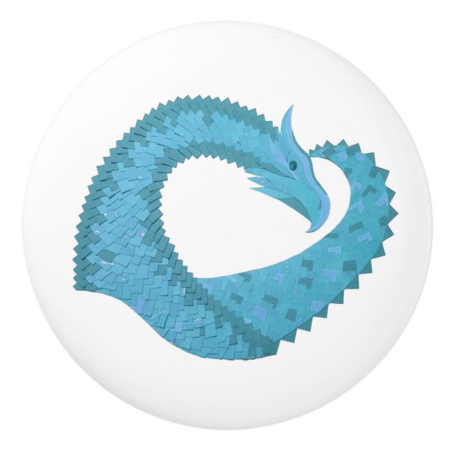 Teal heart dragon on white ceramic knob (Front)