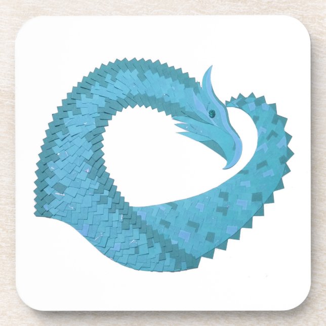 Teal heart dragon on white coaster (Front)