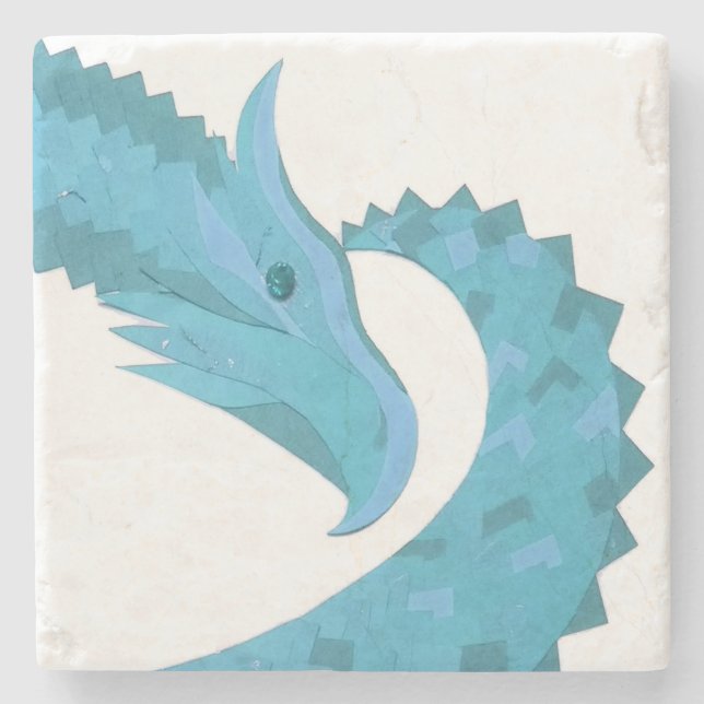 Teal heart dragon on white stone coaster (Front)