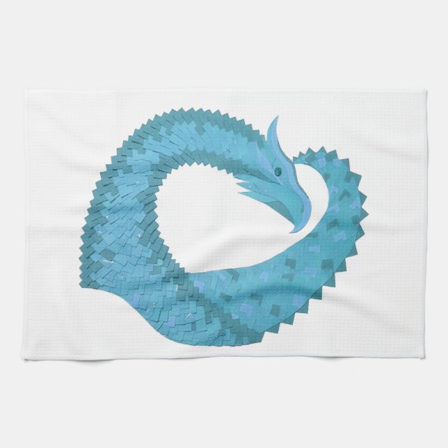 Teal heart dragon on white tea towel (Horizontal)