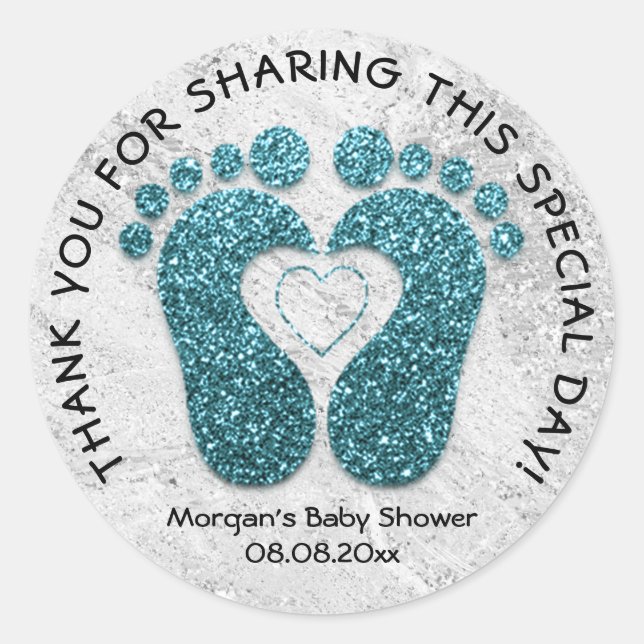 Teal Heart Feet Baby Shower Favour Thank MarbleGra Classic Round Sticker (Front)