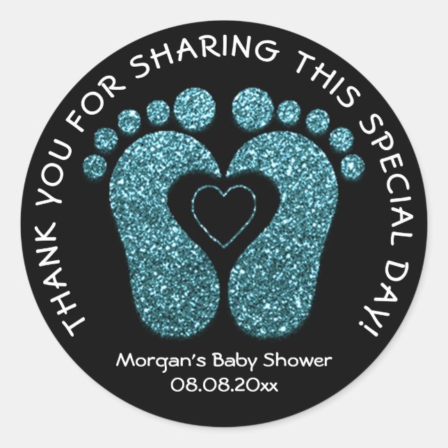 Teal Heart Feet Baby Shower Favour Thank Teal Blac Classic Round Sticker (Front)