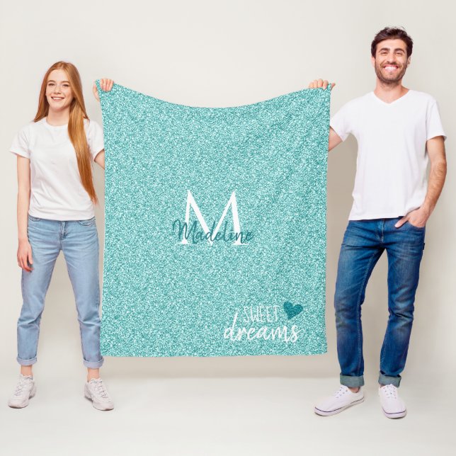 Teal Heart Sweet Dreams Throw Pillow Fleece Blanket (In Situ)