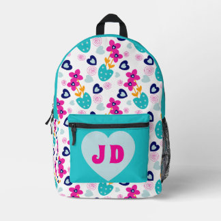Teal Hearts And Flowers Backpack With Initials