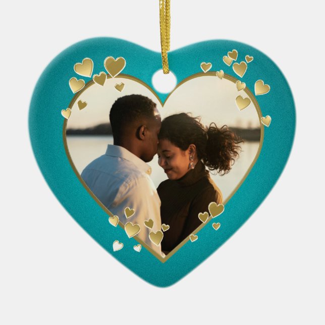 Teal Hearts and Ribbon Photo Ceramic Tree Decoration (Front)