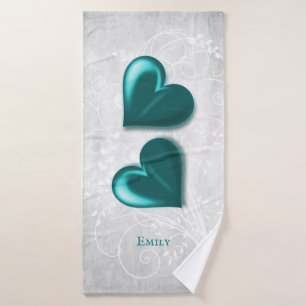 Teal Hearts Personalised Bath Towel Set