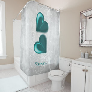 Teal Hearts Personalised Shower Curtain